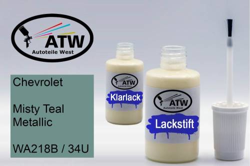 Chevrolet, Misty Teal Metallic, WA218B / 34U: 20ml Lackstift + 20ml Klarlack - Set, von ATW Autoteile West.